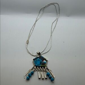 Native American Navajo Sterling Silver Pendant Turquoise Coral MOP SS Feather